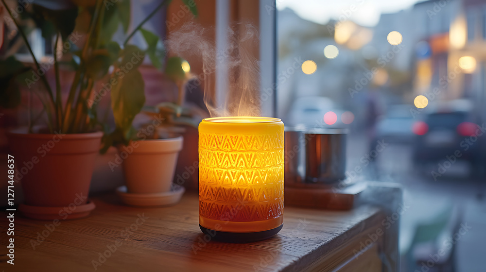 Poster a warm, glowing diffuser emits aromatic steam on a cozy countertop, surrounded by plants, creating a