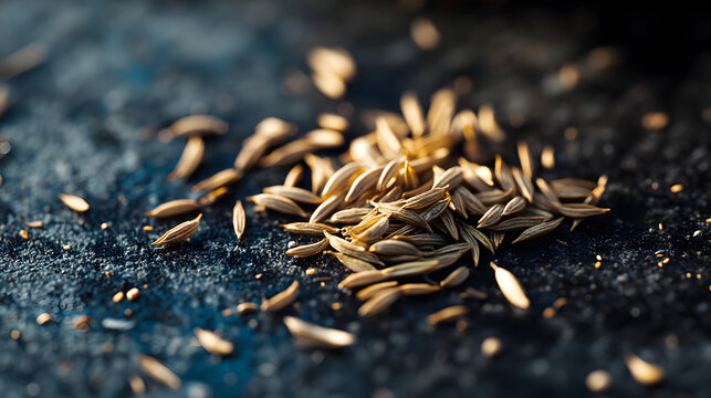 A small cluster of cumin seeds placed on a dark surface, their fine, elongated shapes and earthy tones clearly visible in the image.