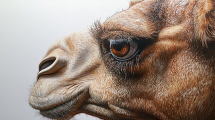 Obraz premium A realistic close-up of a camelâ€™s face, showing its textured fur and detailed eyes, isolated on a white background