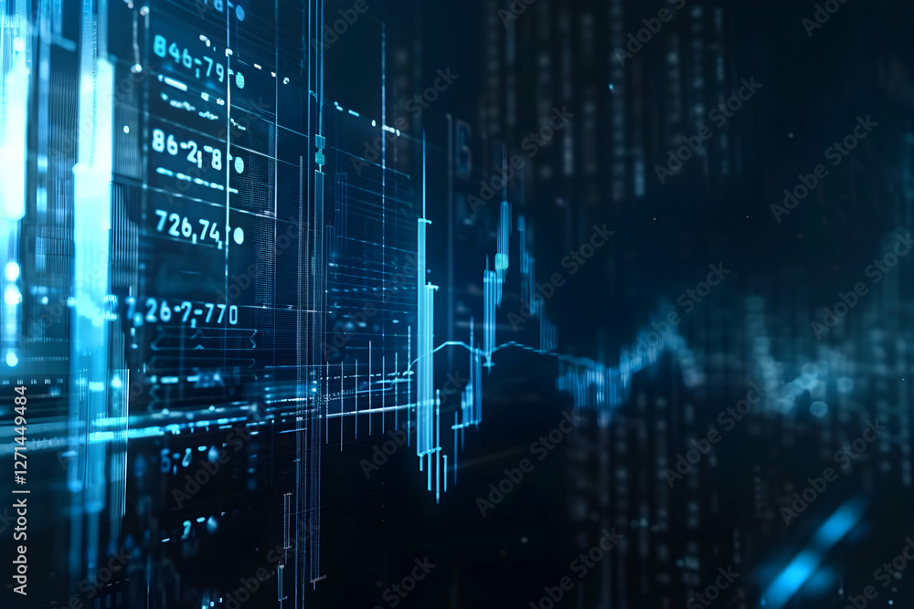 Poster abstract digital financial data visualization with graphs and numbers on a dark background
