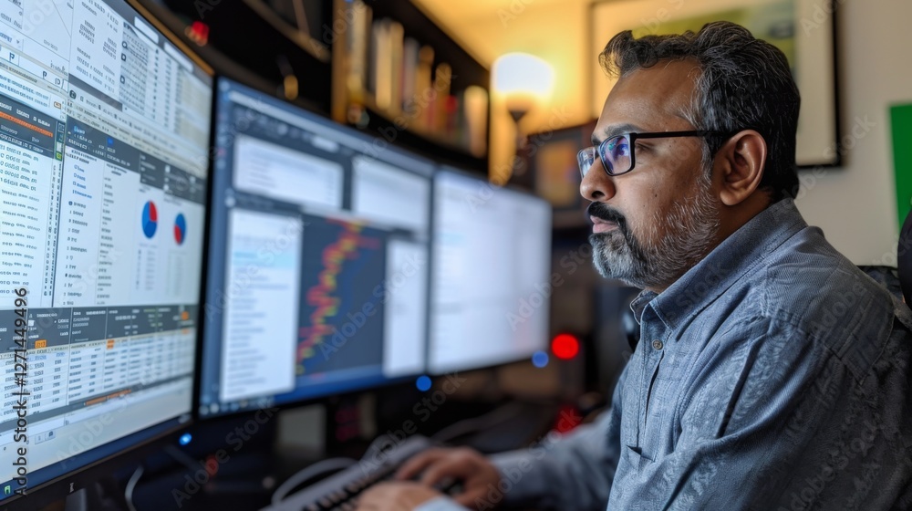 Poster A man focuses intently on his work in a home office, with several monitors showcasing charts and code while warm light creates a productive atmosphere in the evening hours.