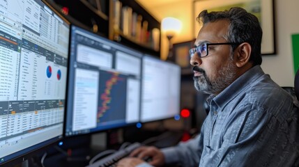 A man focuses intently on his work in a home office, with several monitors showcasing charts and code while warm light creates a productive atmosphere in the evening hours.