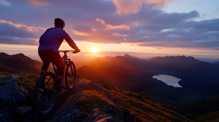 Fototapeta premium Cyclist mountaintop sunset view, loch background, adventure