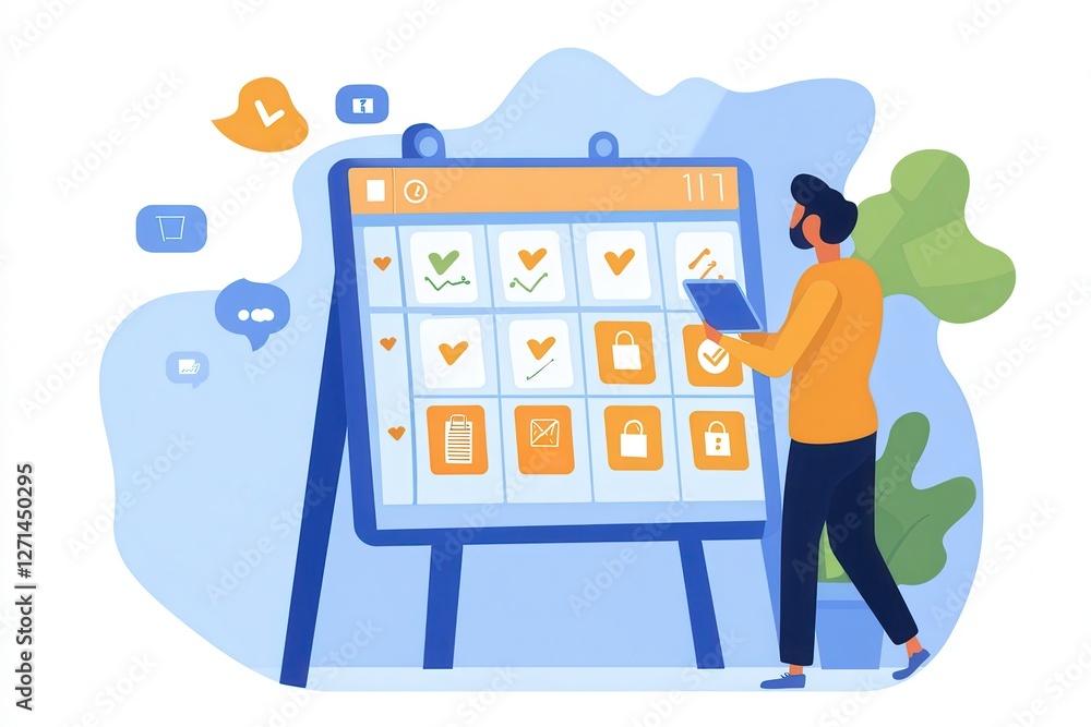 Poster a social media manager scheduling posts using a content calendar tool, with a well-organized interfa