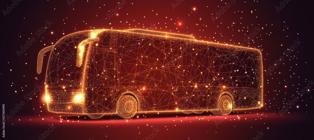 Poster digital bus on red technology background. abstract city coach icon in lines and connected dots.
