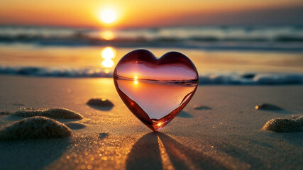 pink glass heart on the beach