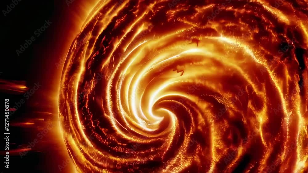 Poster vibrant orange and white plasma churning dynamically around intense vortex during dramatic solar fla
