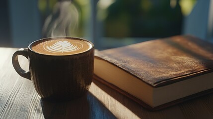 Steam rising from latte art in mug, book nearby, sunlit window background; relaxation