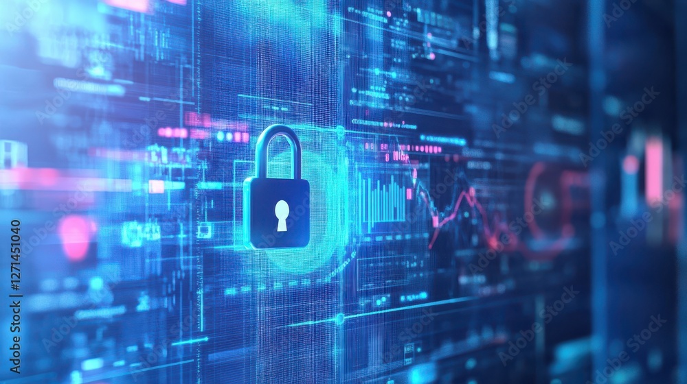 Poster abstract internet safety and security interface with padlock and business charts on blurry blue back