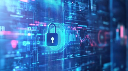Abstract internet safety and security interface with padlock and business charts on blurry blue background. Secure and cyber concept. 3D Rendering