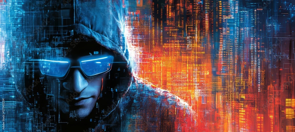 Poster cyberpunk hacker with glowing glasses, digital data streams, cybersecurity and online crime concept