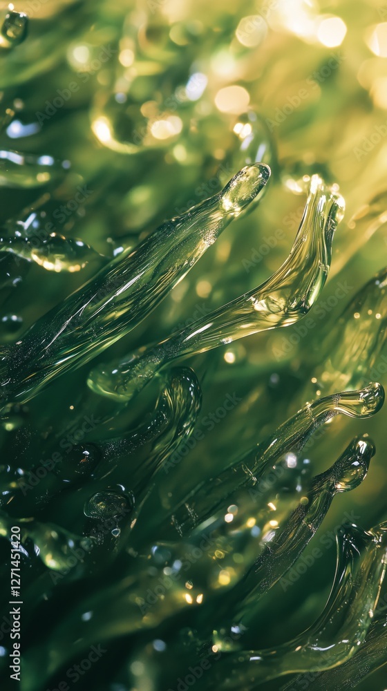 Poster intricate green droplets radiate from a central sphere in a mesmerizing abstract display of nature