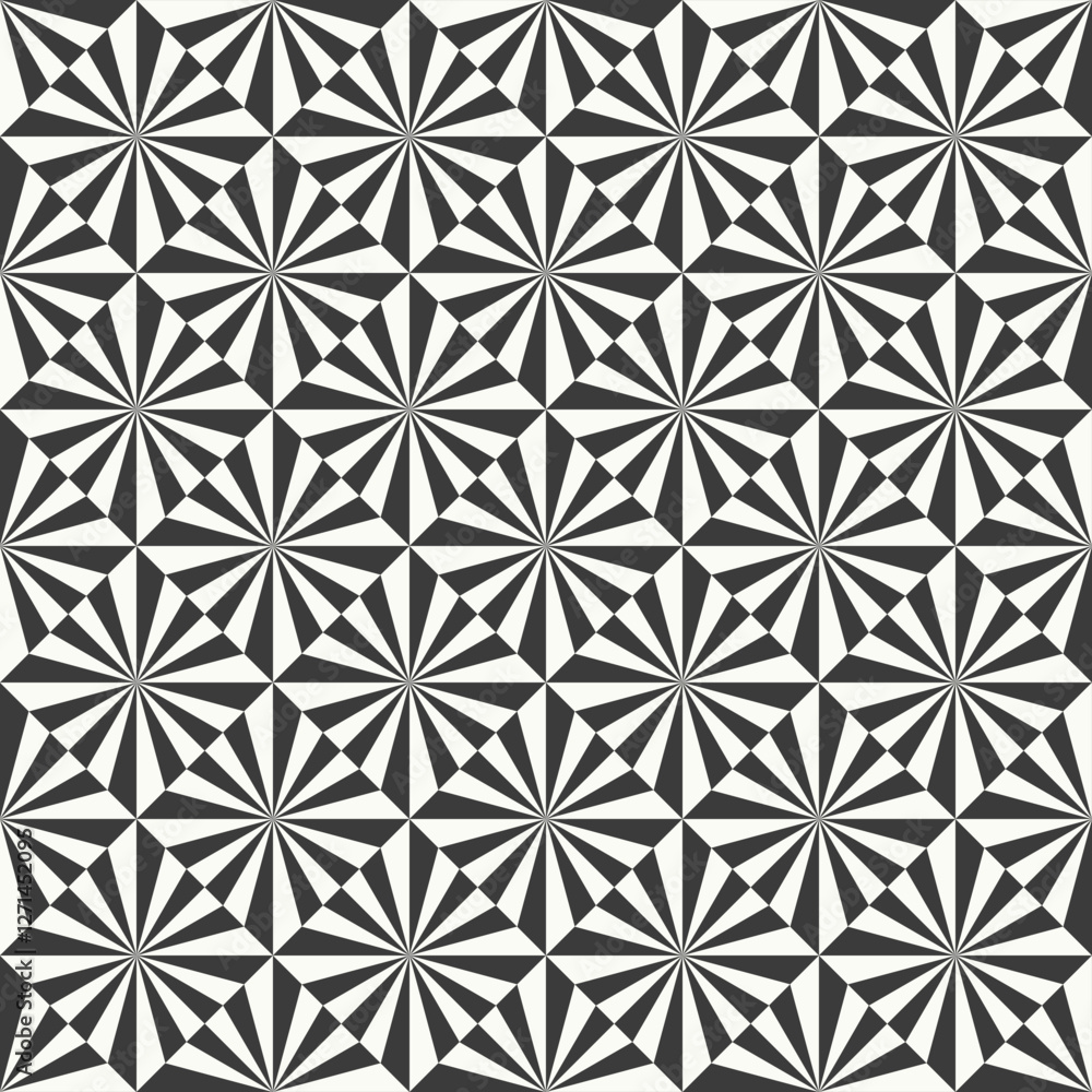 Wall mural monochromatic pattern with starburst and diamond shapes, creating a radiating, kaleidoscopic effect.