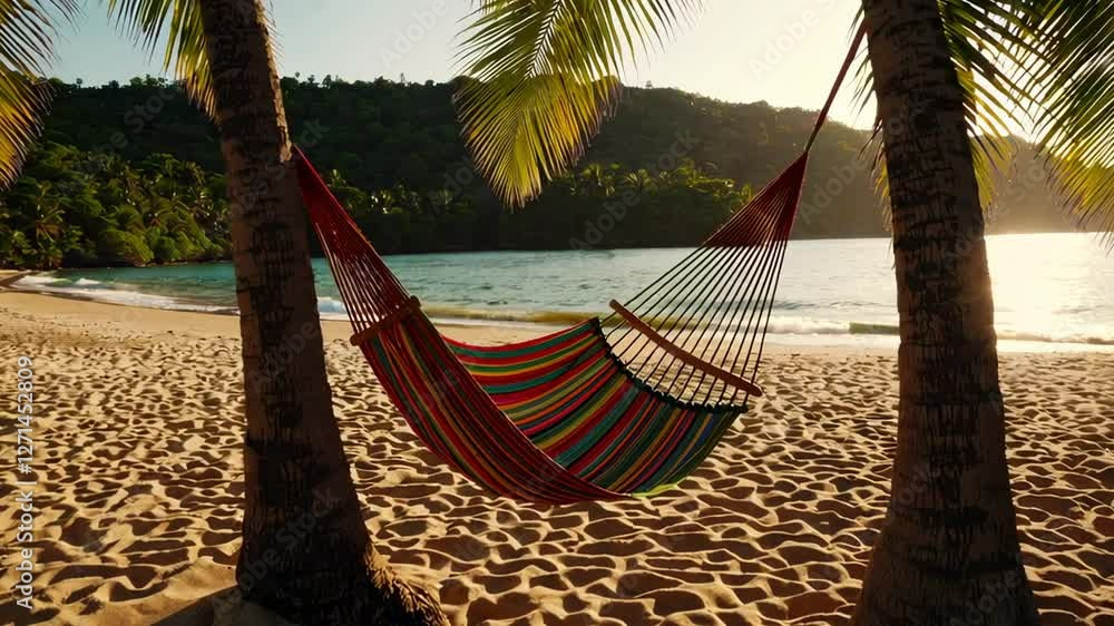 Poster sunlight filters through palm trees onto a vibrant hammock swaying gently on a pristine sandy beach,