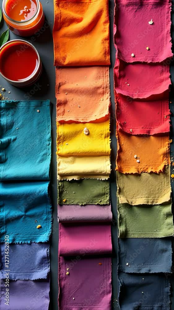 Poster A row of colorful fabric swatches are displayed on a table. The swatches are arranged in a rainbow pattern, with each color being represented by a different fabric