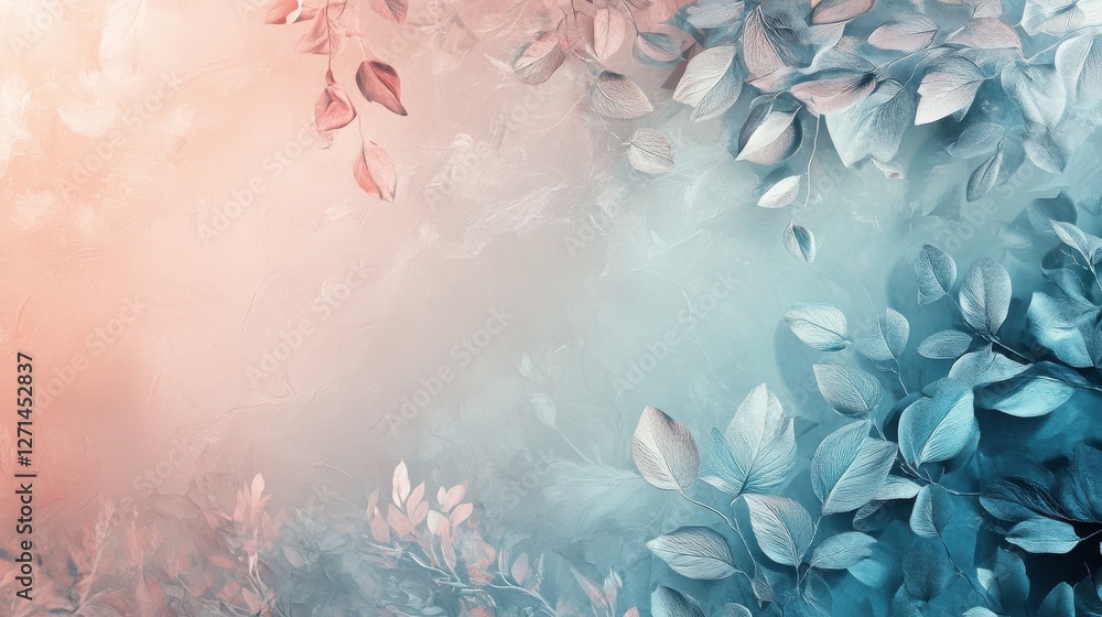 Poster this abstract floral background features delicate leaf patterns and soft pastel colors, creating a s
