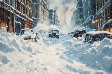 A snowstorm paralyzing a city, with streets and vehicles buried under several feet of snow, A snow-covered city street, with white flakes blanketing the pavement and buildings,