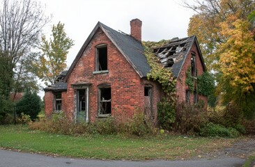Obraz premium Abandoned red brick house with overgrown vegetation and fallen roof