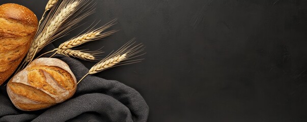 Fresh Artisan Bread with Wheat Stalks on Dark Rustic Background