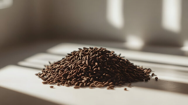 A small pile of black cumin seeds placed on a smooth white surface, the deep black seeds contrast with the white background.