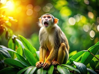 Obraz premium A monkey in a leafy jungle canopy, a wildlife nature scene.