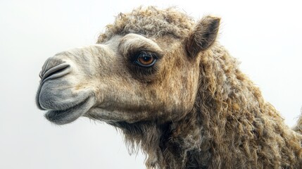 Fototapeta premium A highly detailed portrait of a camel's face, showing the textures of its fur and eyes, isolated on a white background