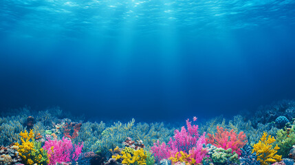 Underwater Sea - Deep Water, Underwater Scene - Tropical Seabed With Reef And Sunshine, Ocean themed background with colorful corals