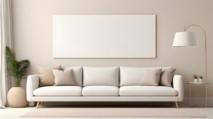 Blank white modern canvas art mockup against a light beige wall with minimalist furniture and a grey sofa 