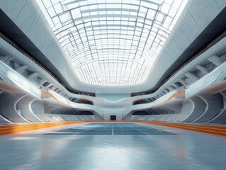 Futuristic architectural marvel, Illuminated indoor sports complex arena