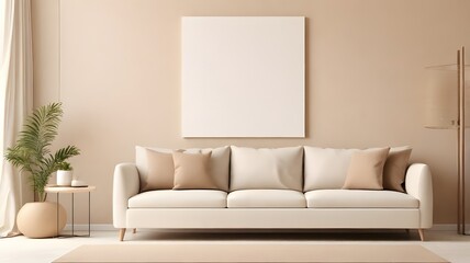 Blank white modern canvas art mockup against a soft beige living room wall, minimalist furniture, and a light brown sofa background 
