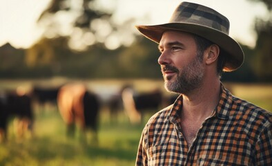 Obraz premium Farmworker enjoying a peaceful evening with cows in the field