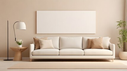 Blank white modern canvas art mockup against a soft beige living room wall, minimalist furniture, and a light brown sofa background 