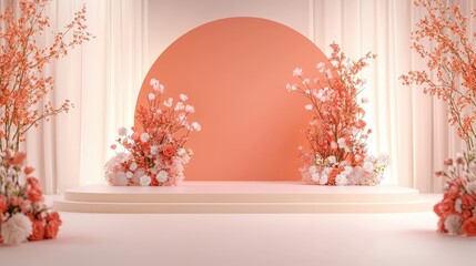 A serene, pastel-themed stage featuring floral arrangements and a large circular background, ideal for events or photo shoots.