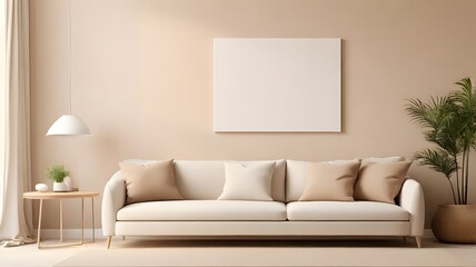 Blank white modern canvas art mockup against a soft beige living room wall, minimalist furniture, and a light brown sofa background 