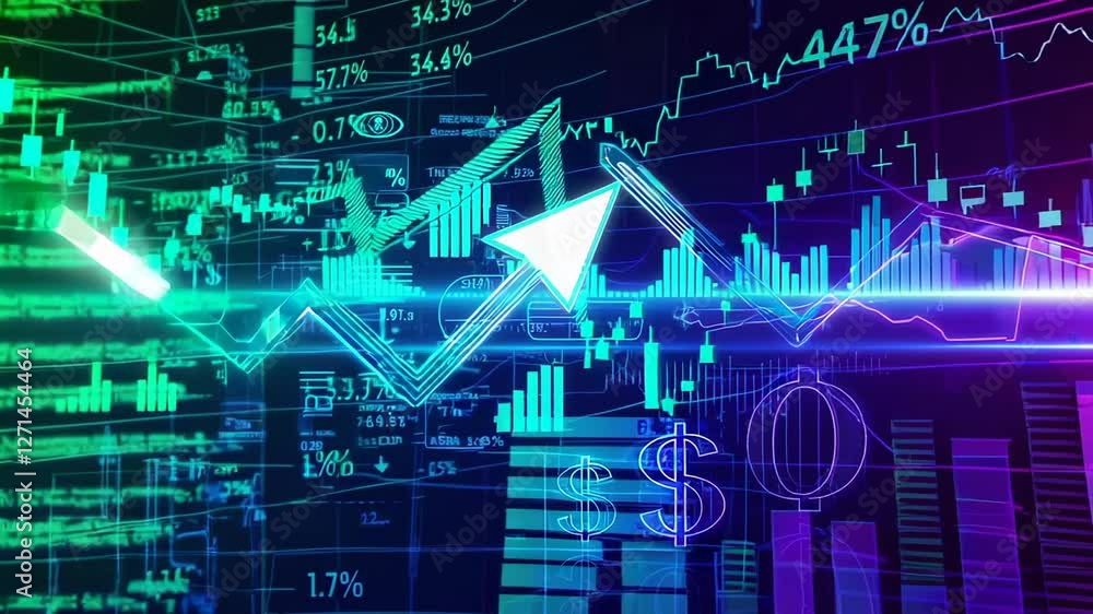 Poster glowing lines and arrows representing financial market data move across a dark background with chang