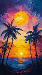 Obraz premium Vibrant sunset over ocean with palm trees and a full moon in a tropical landscape