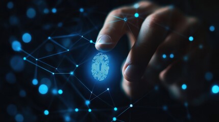 Businessman finger on creative blue finger print button with connections on black background. ID and password concept. Multiexposure.