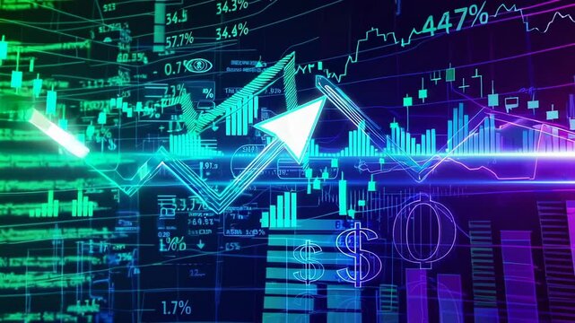 Glowing lines and arrows representing financial market data move across a dark background with changing colors, percentages, and dollar signs in a slow motion montage