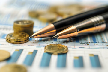 Close-up of financial analysis with pens and coins on a chart, depicting investment trends