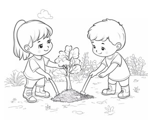 Black and white coloring page for kids, cartoon-style. A cute boy and girl are planting trees in the garden