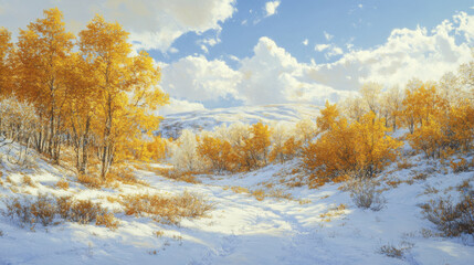 Expansive snowy landscape with vibrant golden trees and blue sky, creating serene and picturesque winter scene. contrast of colors evokes sense of tranquility and beauty
