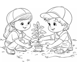 Black and white coloring page for kids, cartoon-style. A cute boy and girl are planting trees in the garden