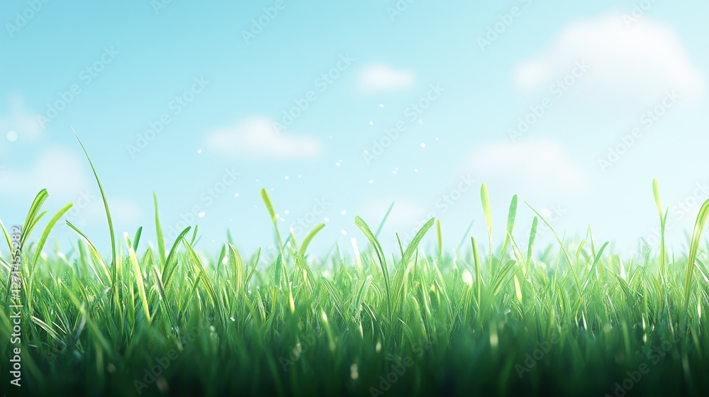 Poster beautiful sunny spring meadow with green grass and blue sky. abstract background with light bokeh an
