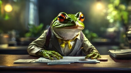 frog paying bill, Cinematic Theme, HDR, Highly Vibrant 