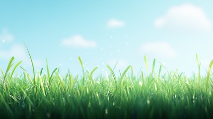 Fototapeta premium Beautiful sunny spring meadow with green grass and blue sky. Abstract background with light bokeh and space for text.