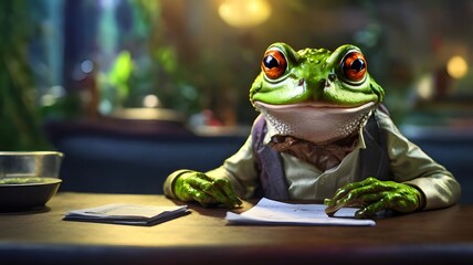 frog paying bill, Cinematic Theme, HDR, Highly Vibrant 