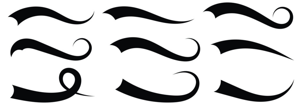 Swish and swash tail collection. Collection of black decorative pen lines and strokes. Underline swish tails for sport text logos, swirl calligraphic font line decoration element. Vector illustrator .