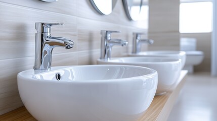 Fototapeta premium Modern bathroom interior with elegant chrome faucets and white sinks on wooden countertop