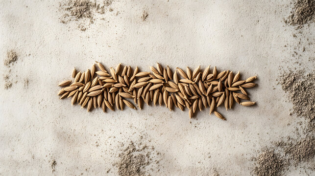A small pile of cumin seeds arranged in a row on a neutral, textured background, their shape and earthy tones clearly visible.
