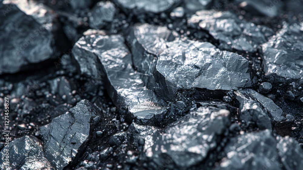 Poster chunks of shiny black coal lie on a dark surface, showcasing their glossy texture and sharp edges un